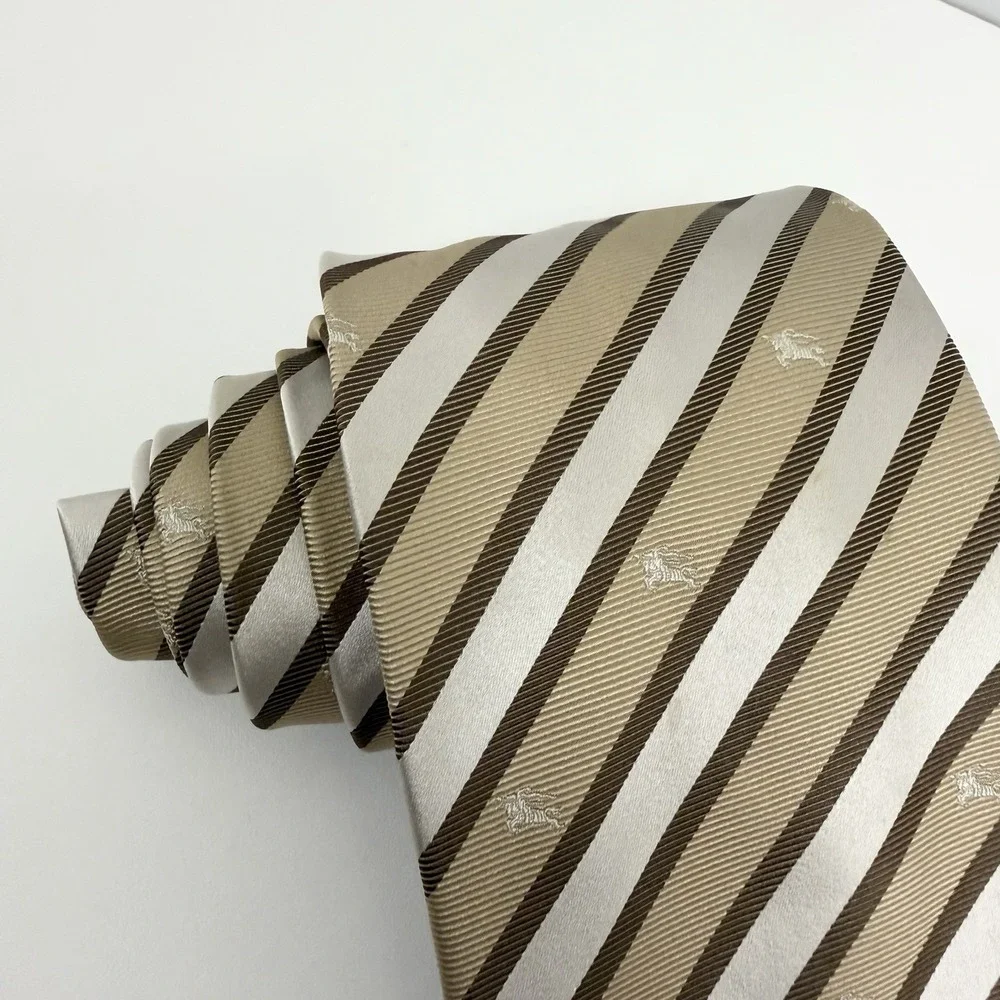 Burberry London Men's Tie Striped Equestrian Knight Logo Khaki Silk 3.5
